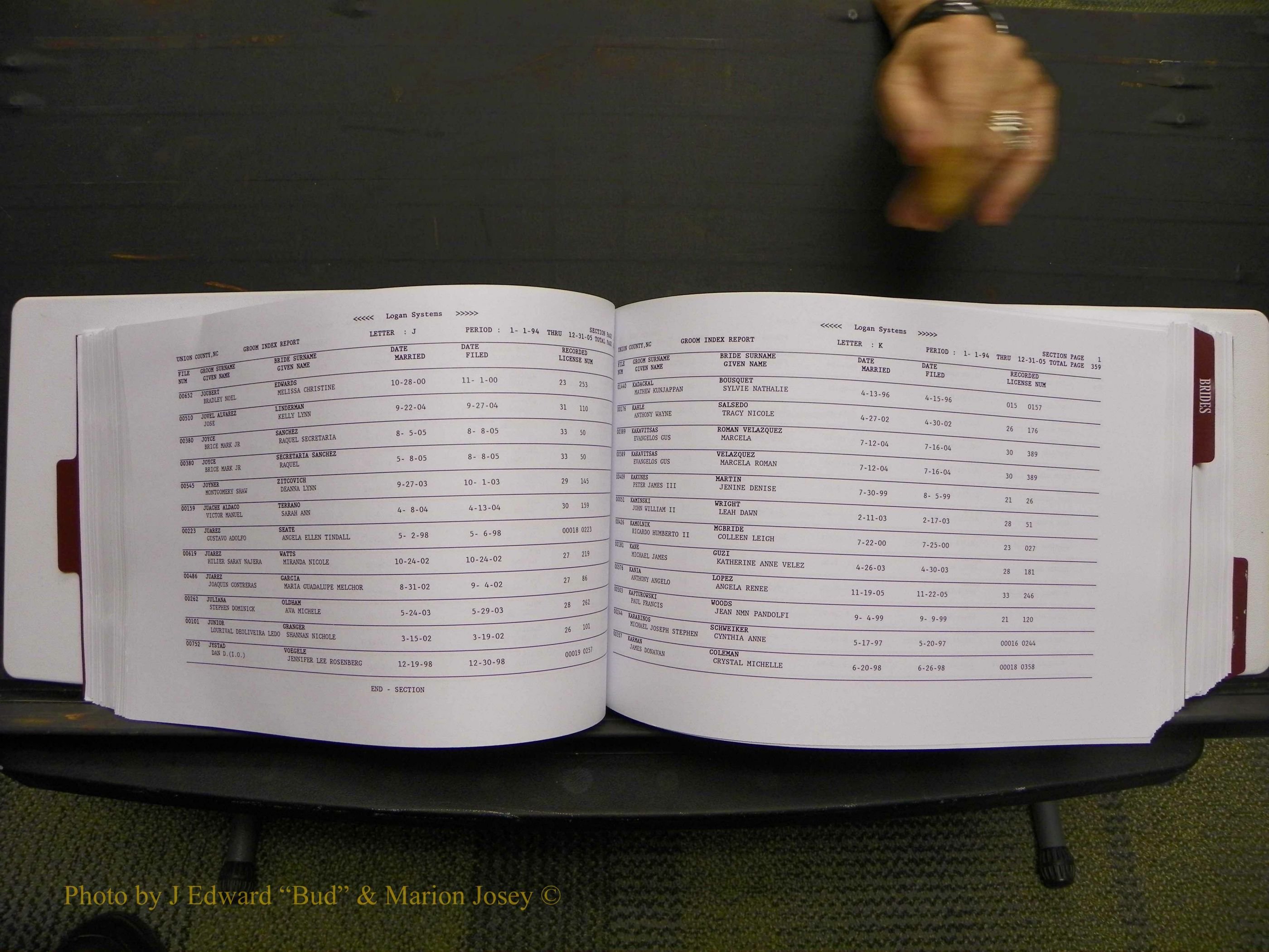 Union Co, NC Marriages Male & Female Index, 1993-2005 (184).JPG