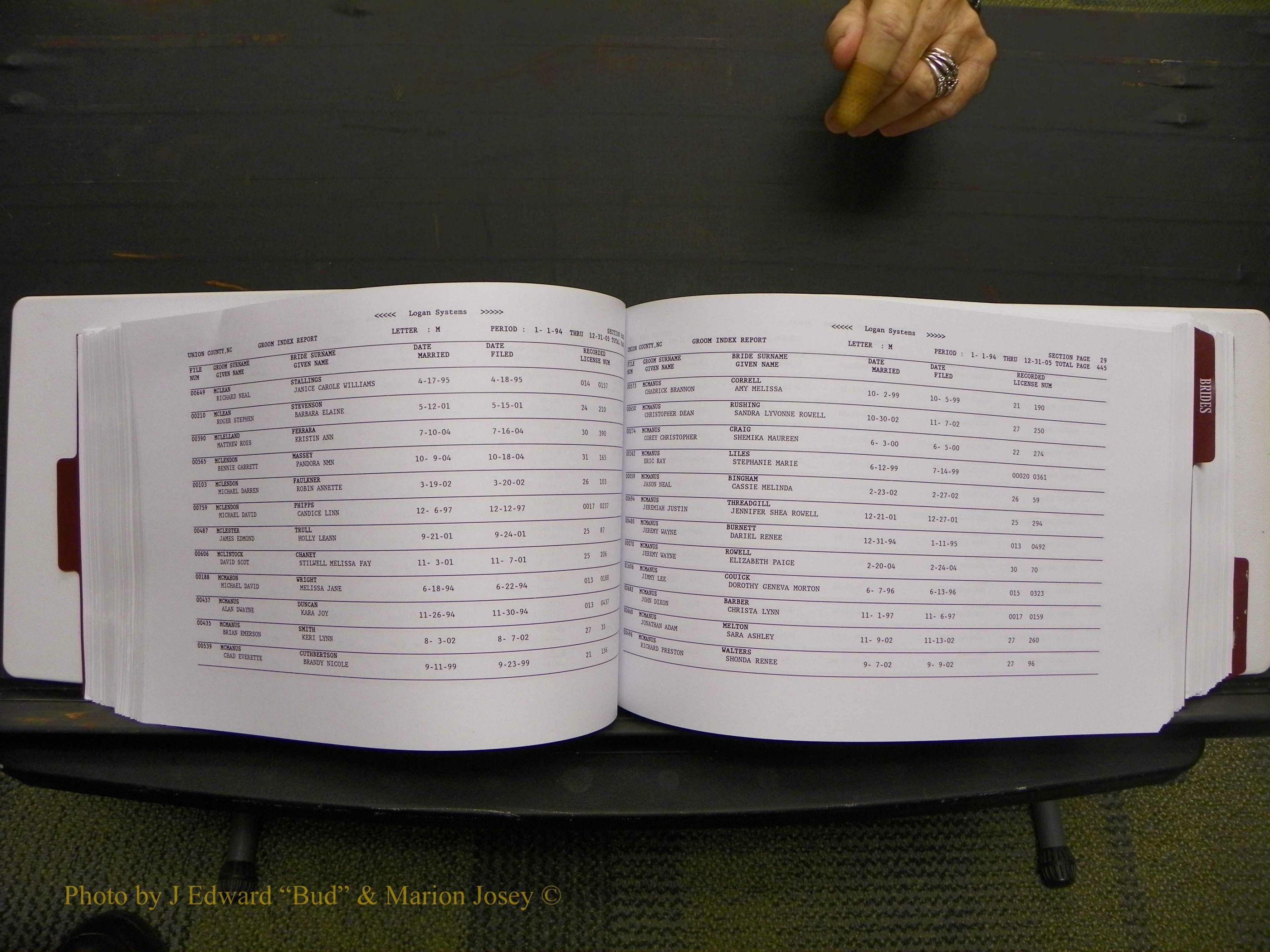 Union Co, NC Marriages Male & Female Index, 1993-2005 (226).JPG