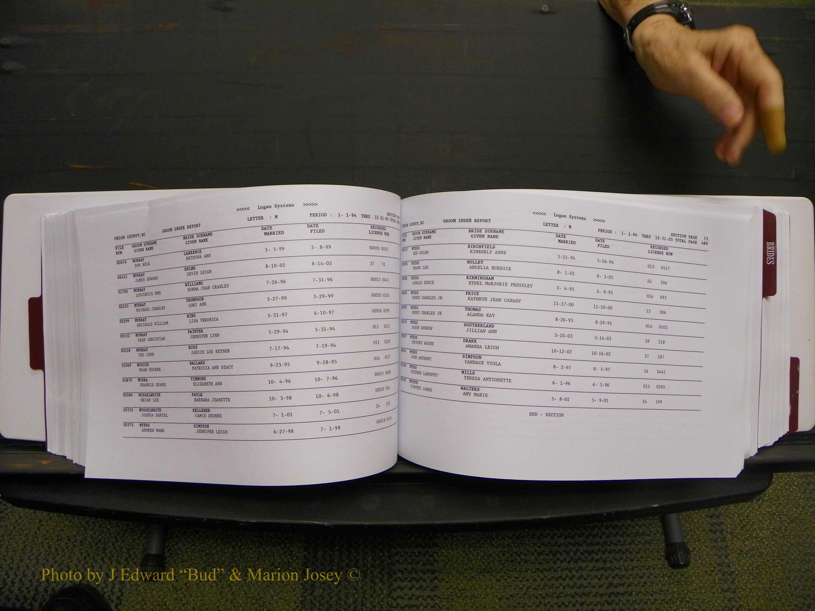Union Co, NC Marriages Male & Female Index, 1993-2005 (249).JPG