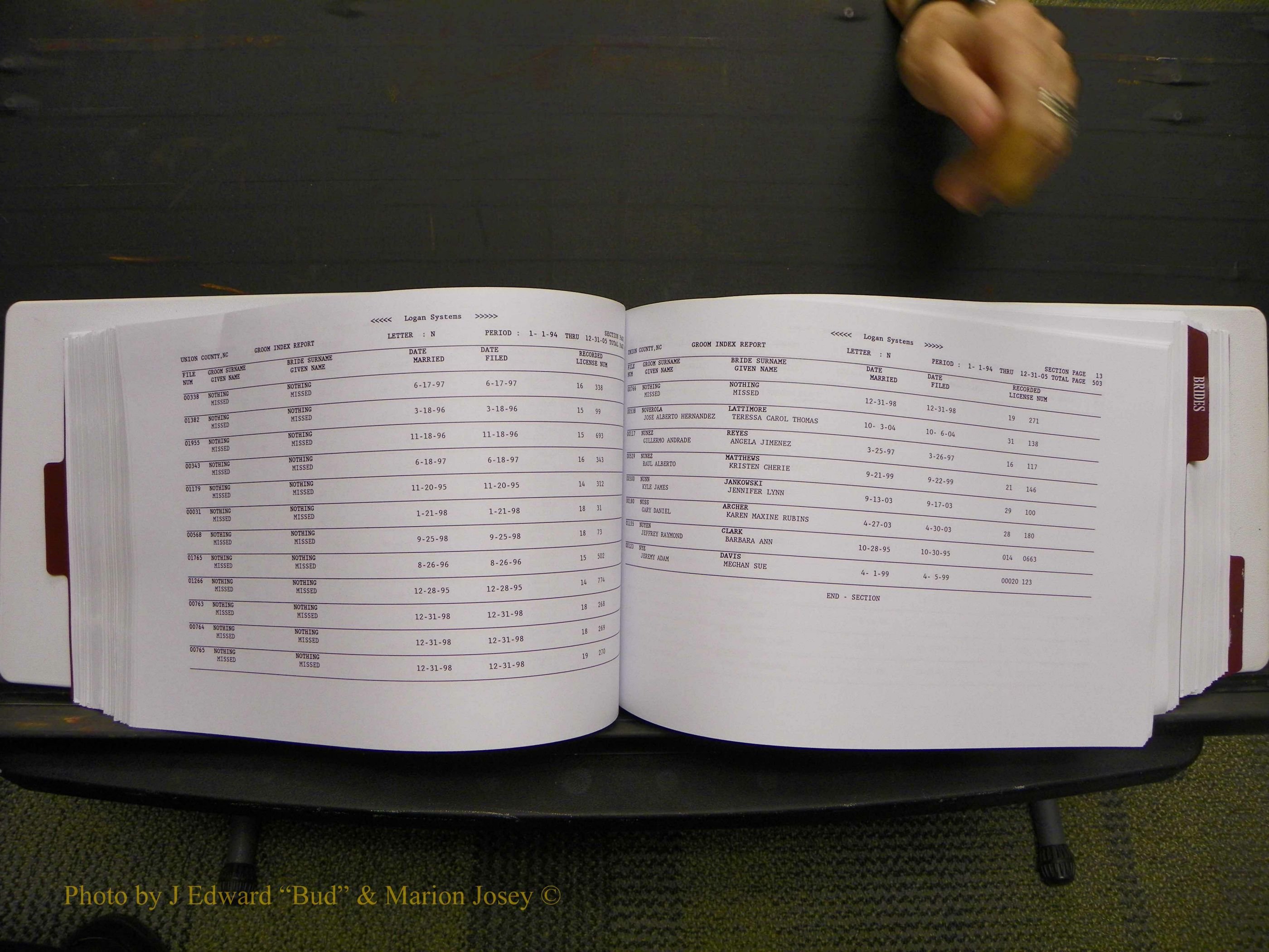 Union Co, NC Marriages Male & Female Index, 1993-2005 (256).JPG