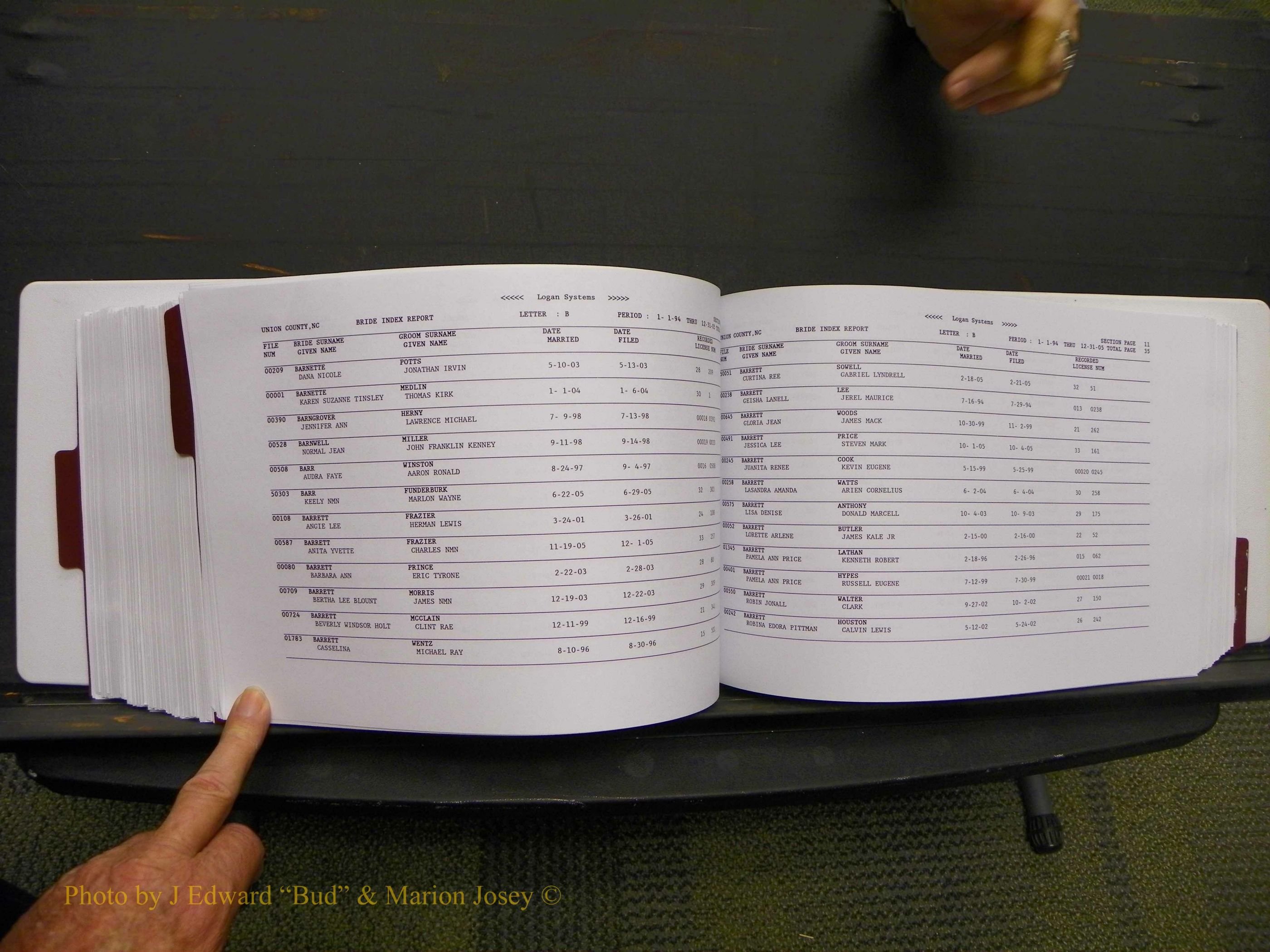 Union Co, NC Marriages Male & Female Index, 1993-2005 (405).JPG