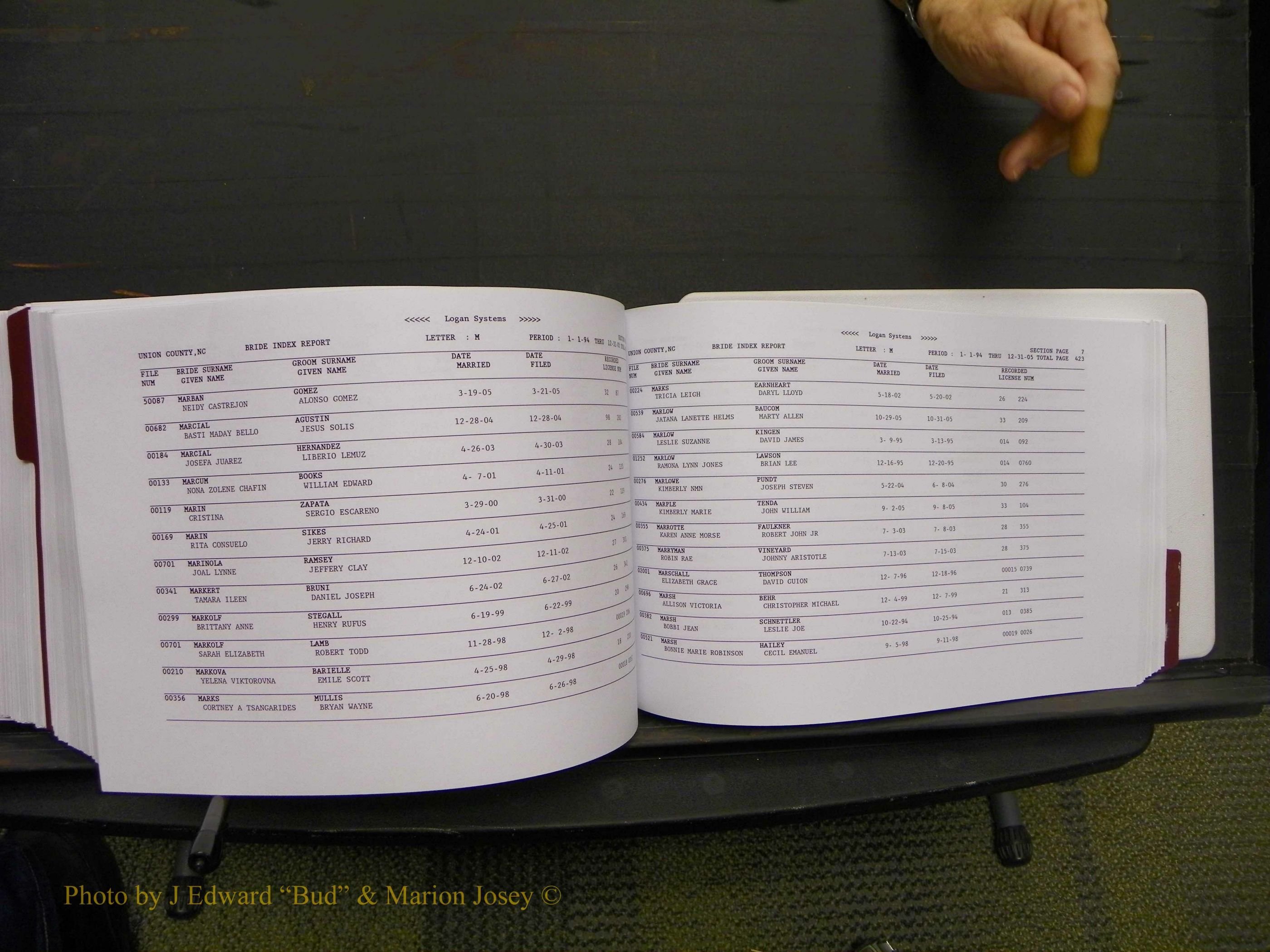 Union Co, NC Marriages Male & Female Index, 1993-2005 (598).JPG