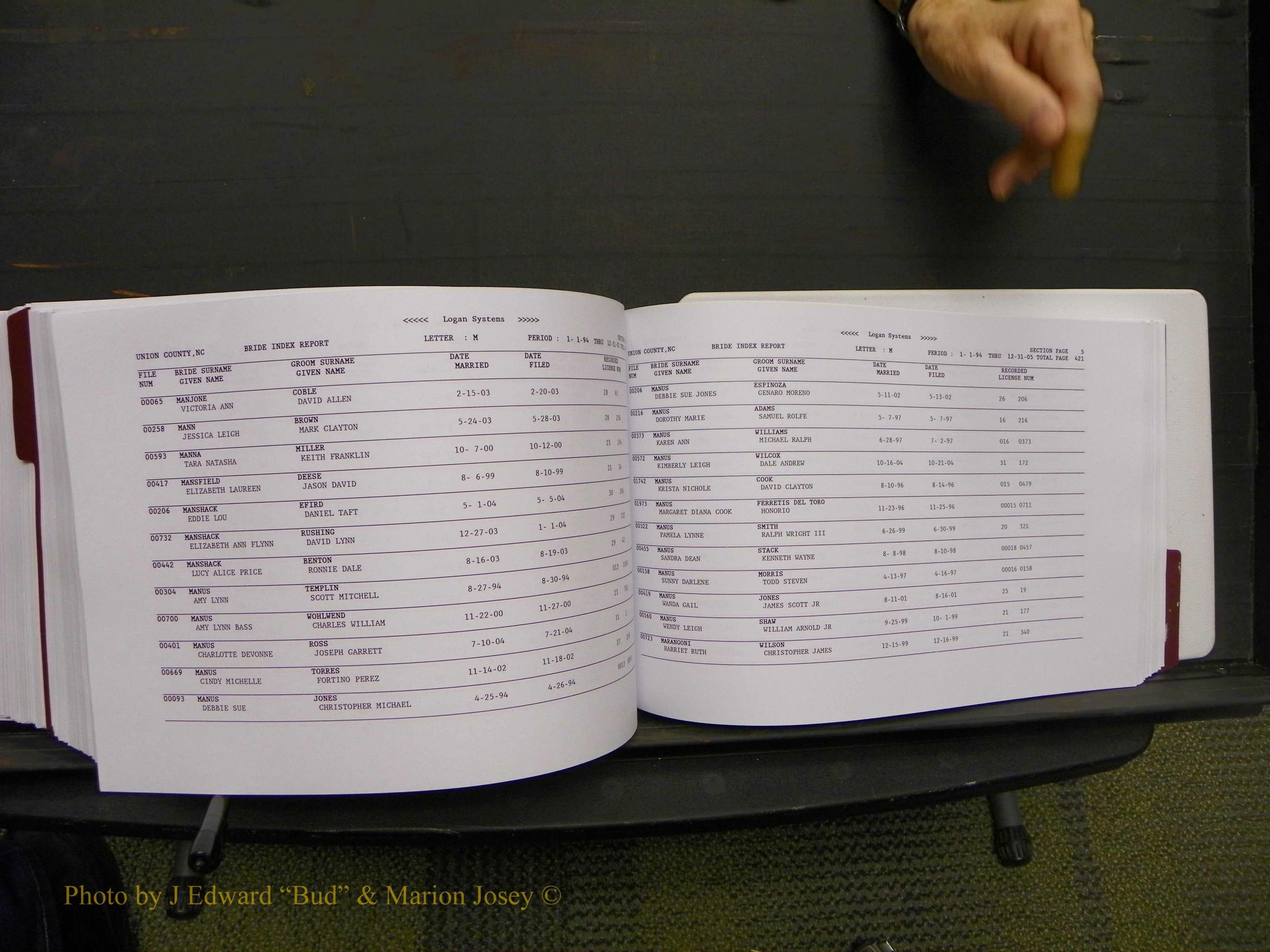 Union Co, NC Marriages Male & Female Index, 1993-2005 (599).JPG