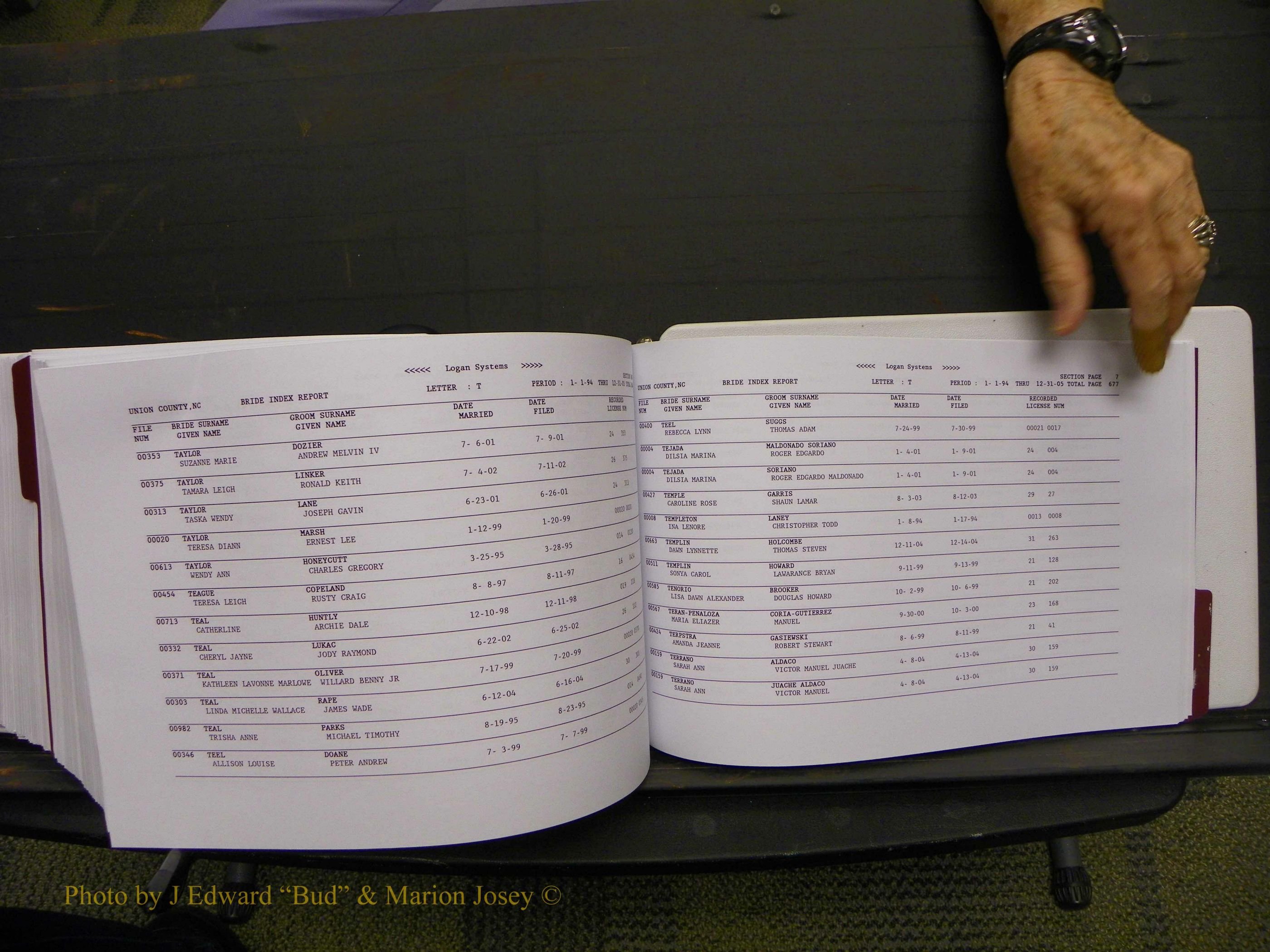 Union Co, NC Marriages Male & Female Index, 1993-2005 (728).JPG