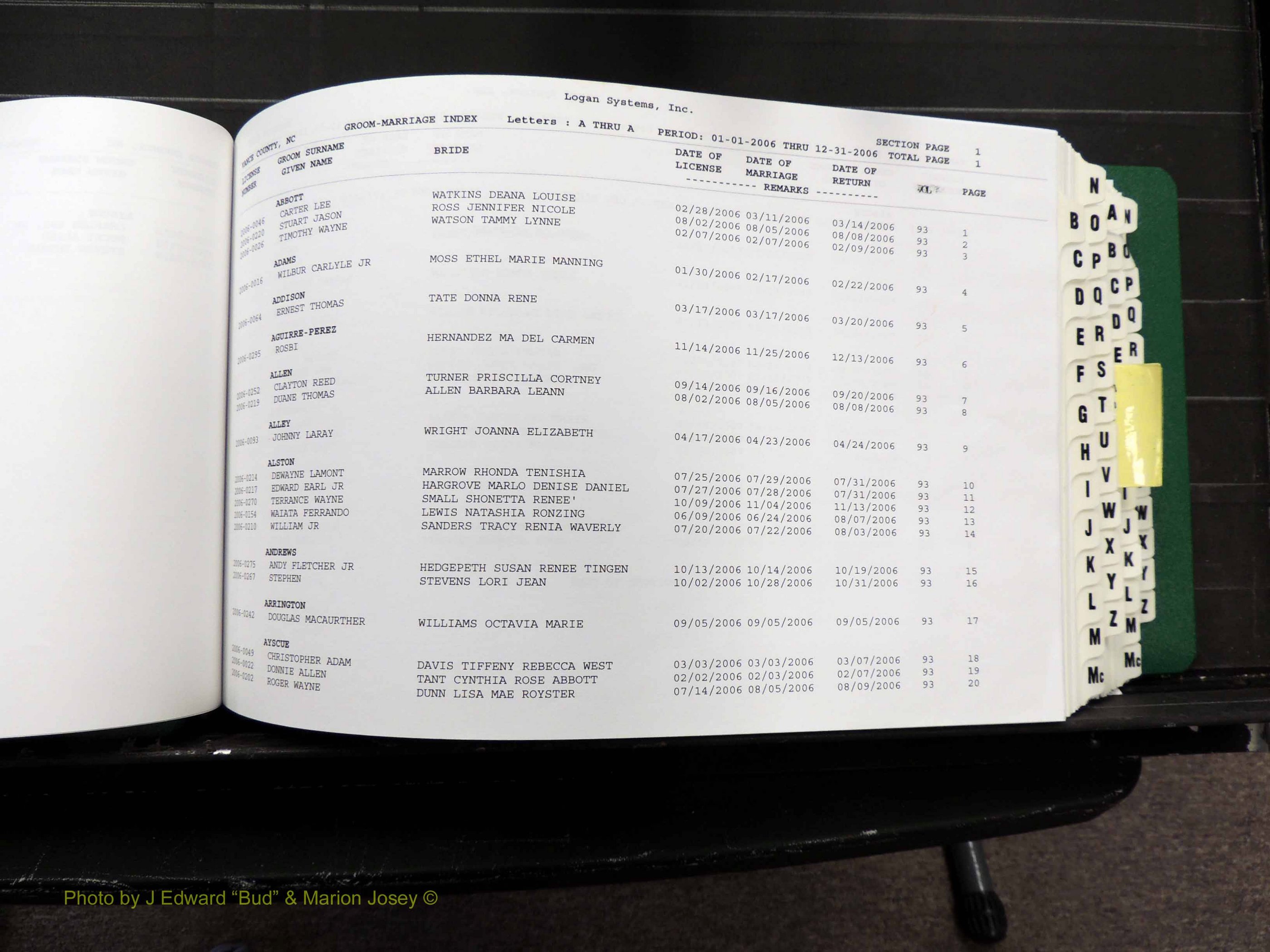 Vance Co, NC, Marriages, A-Z, 2005-2010 (105).JPG