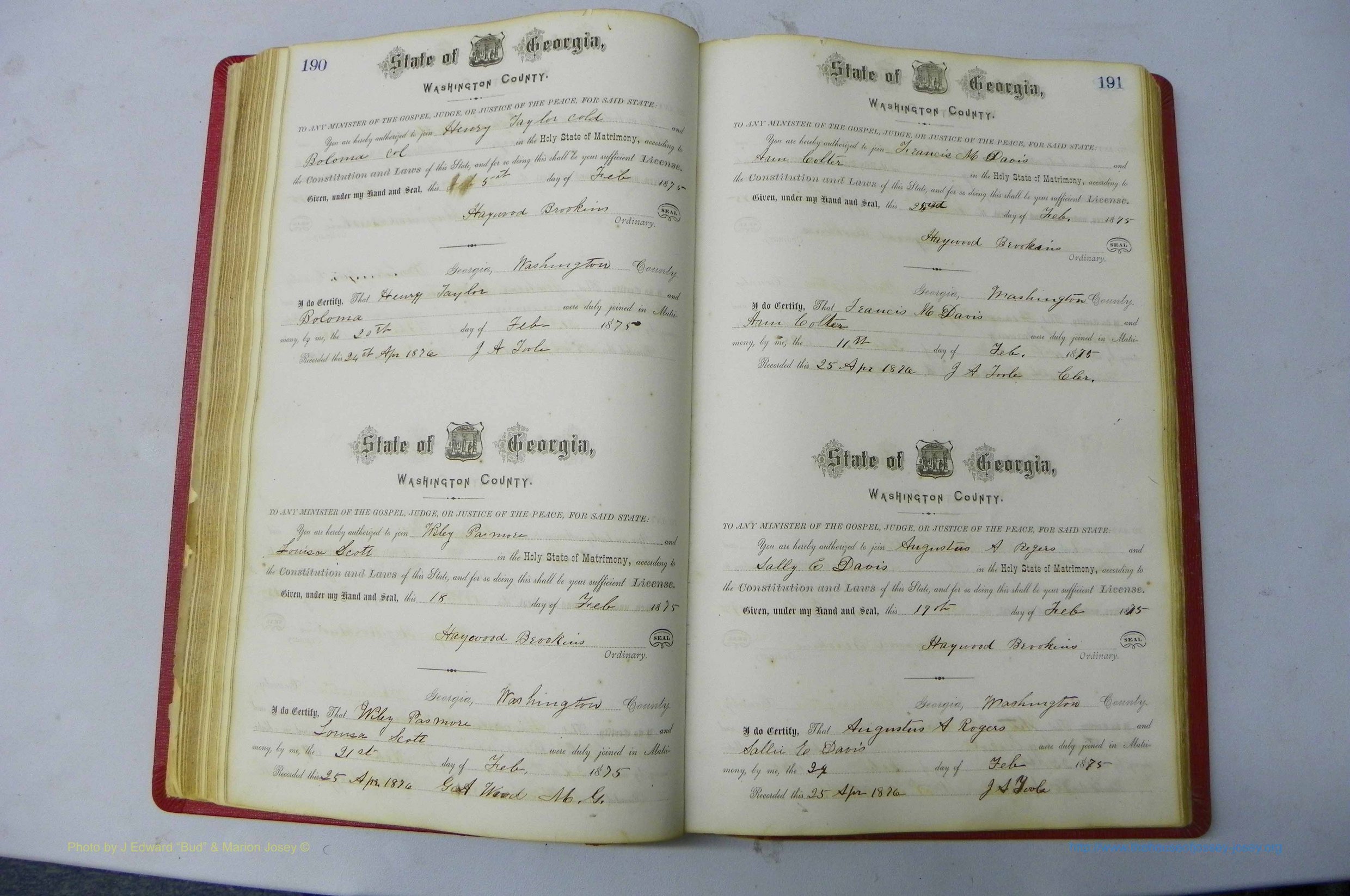 Was GA, Marriages Book D, 1872 - 1879, P 190-191.JPG