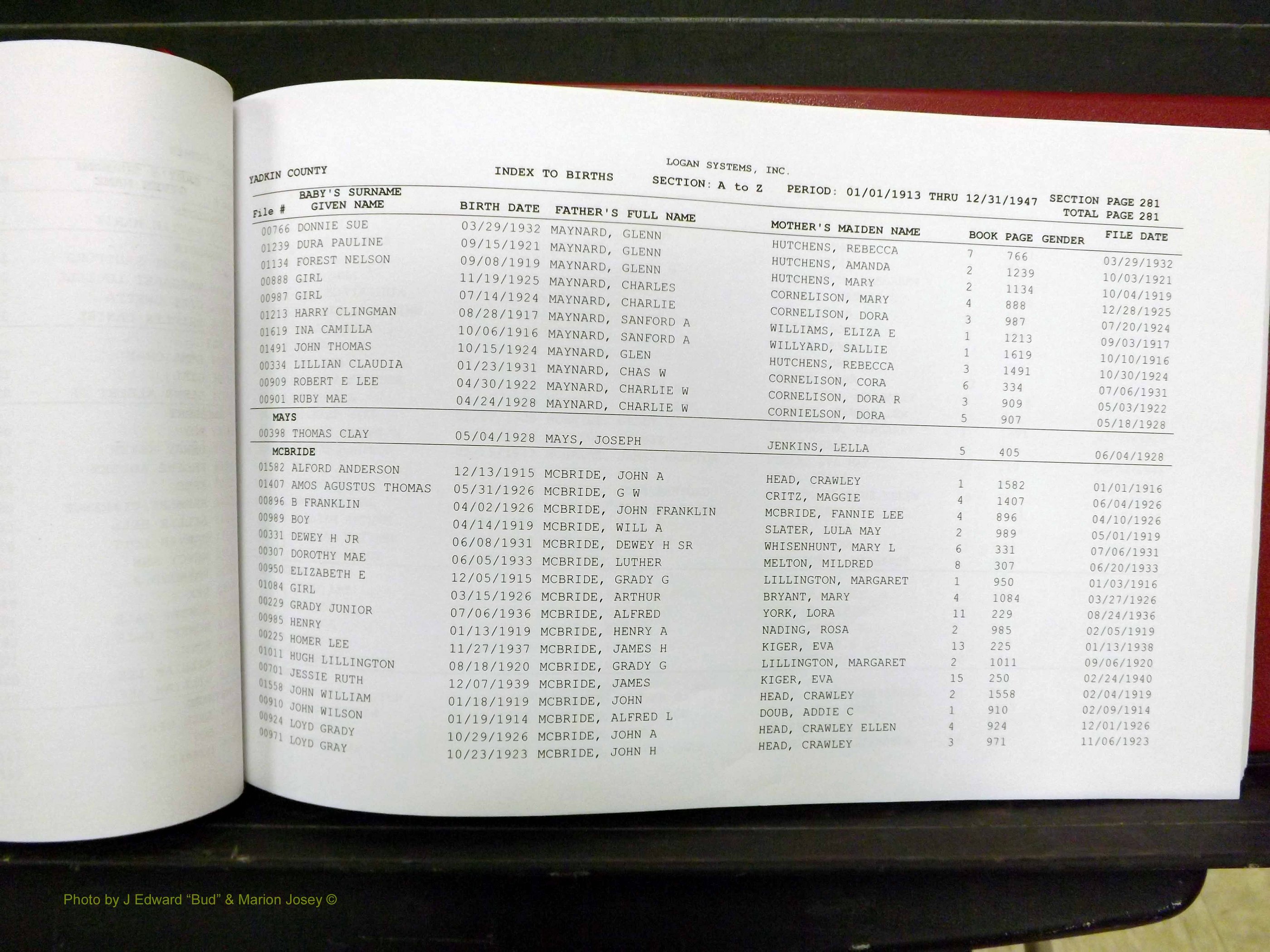 Yadkin Co, NC, Births, M-Z, 1913-1947 (121).JPG