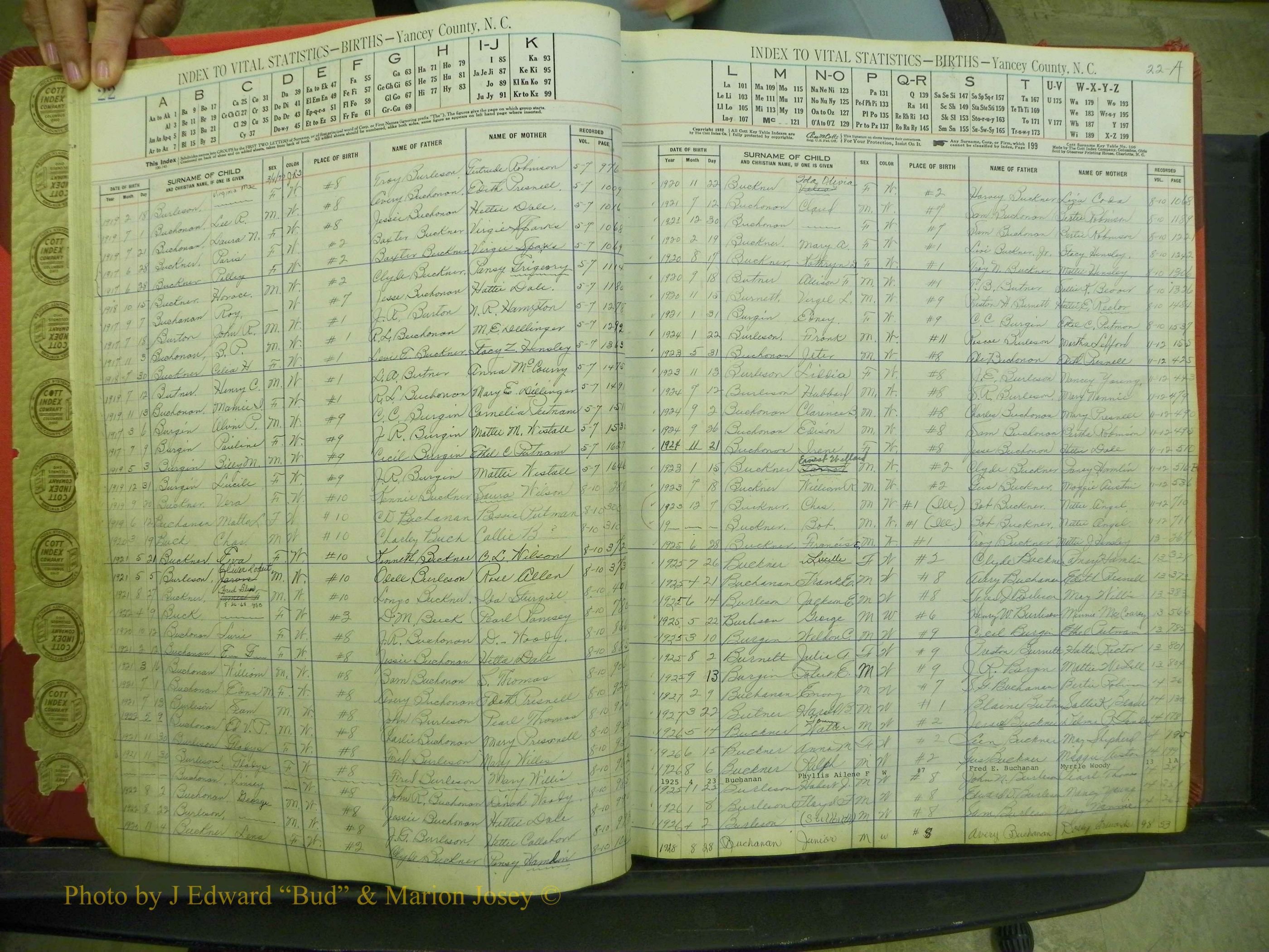Yancey Births, 1913-1939, Index B, 22-22a.JPG