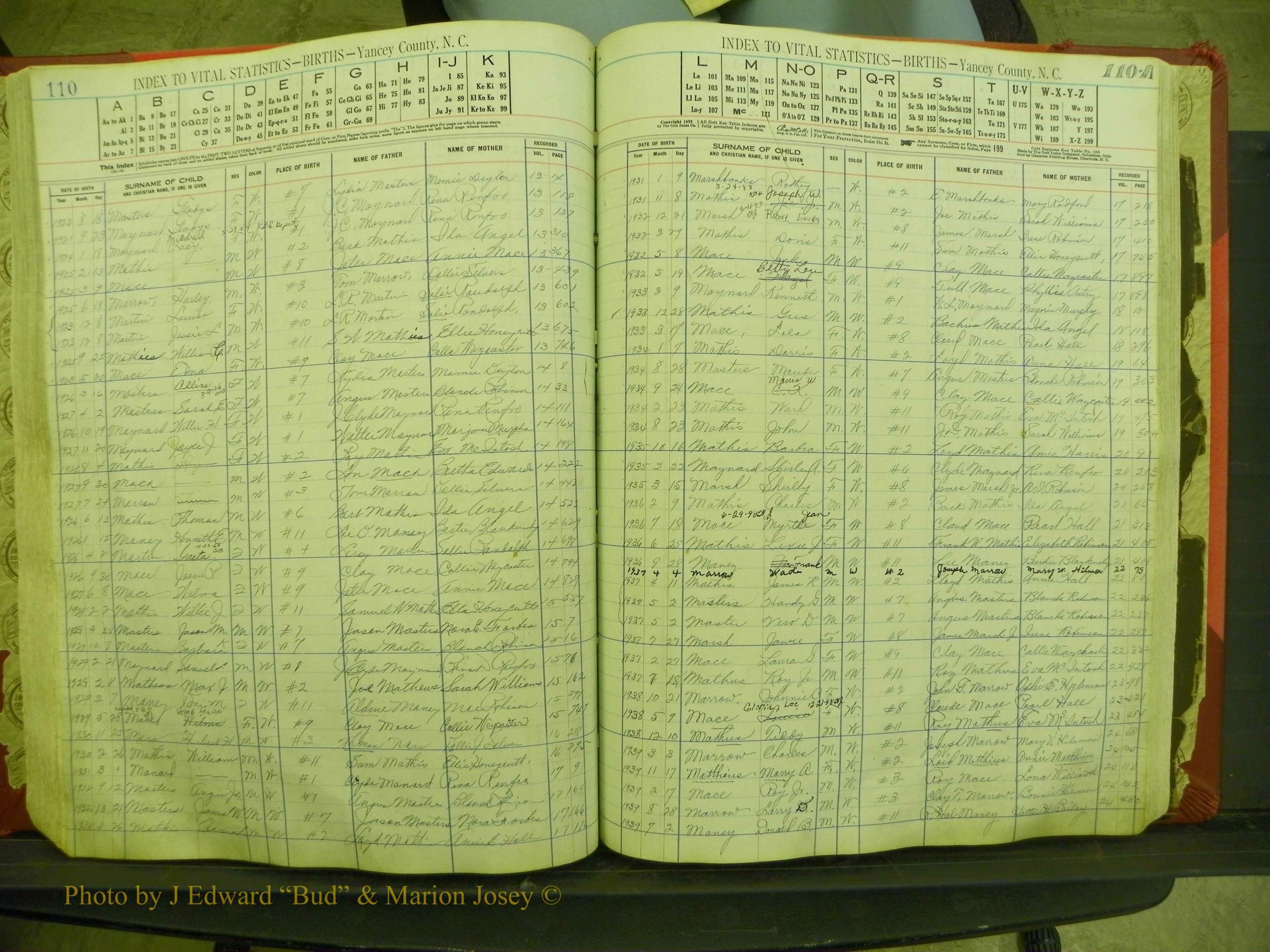 Yancey Births, 1913-1939, Index M, 110-110a.JPG