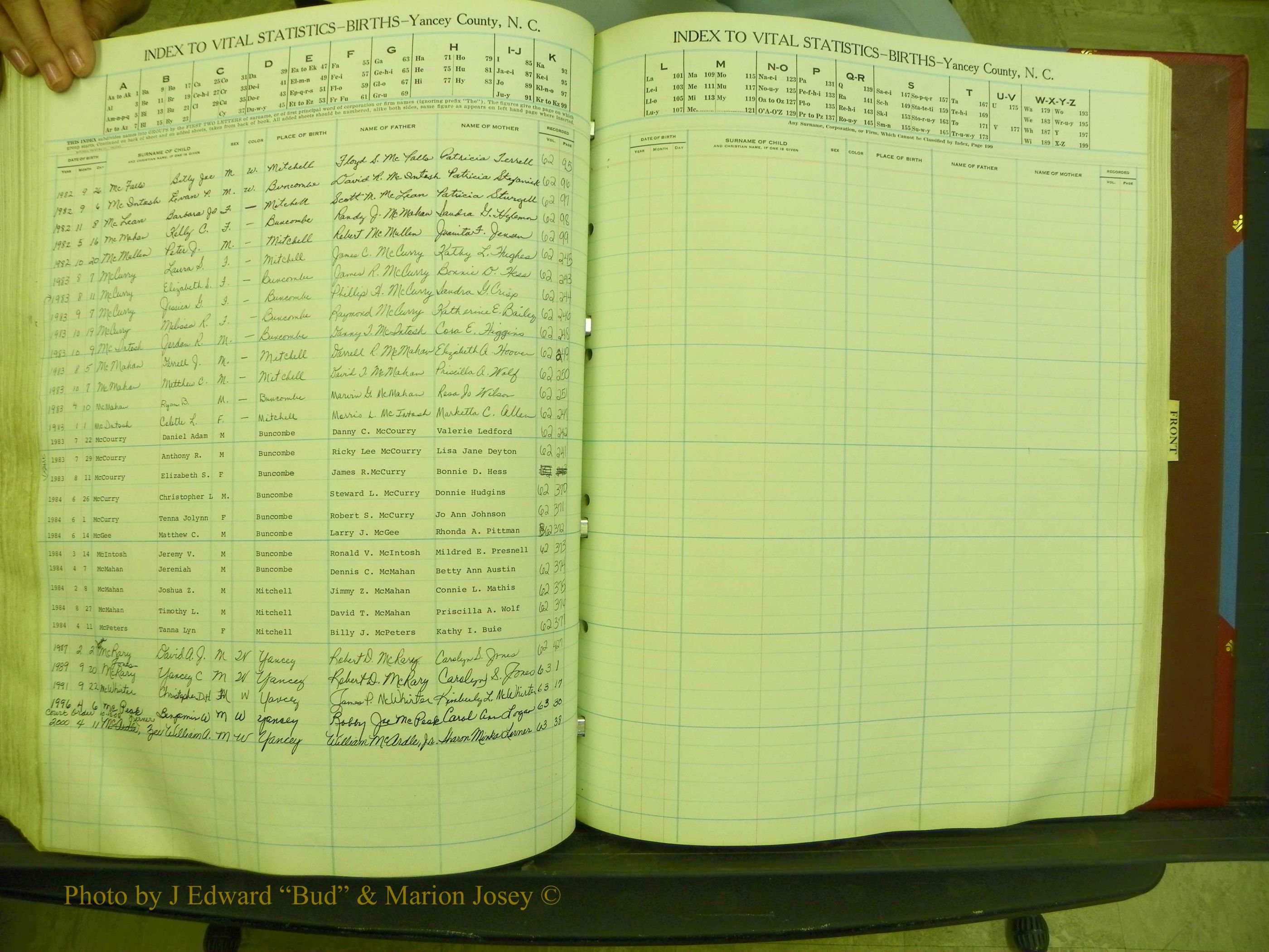 Yancey Births, 1940-1994, Index Mc, 122i.JPG