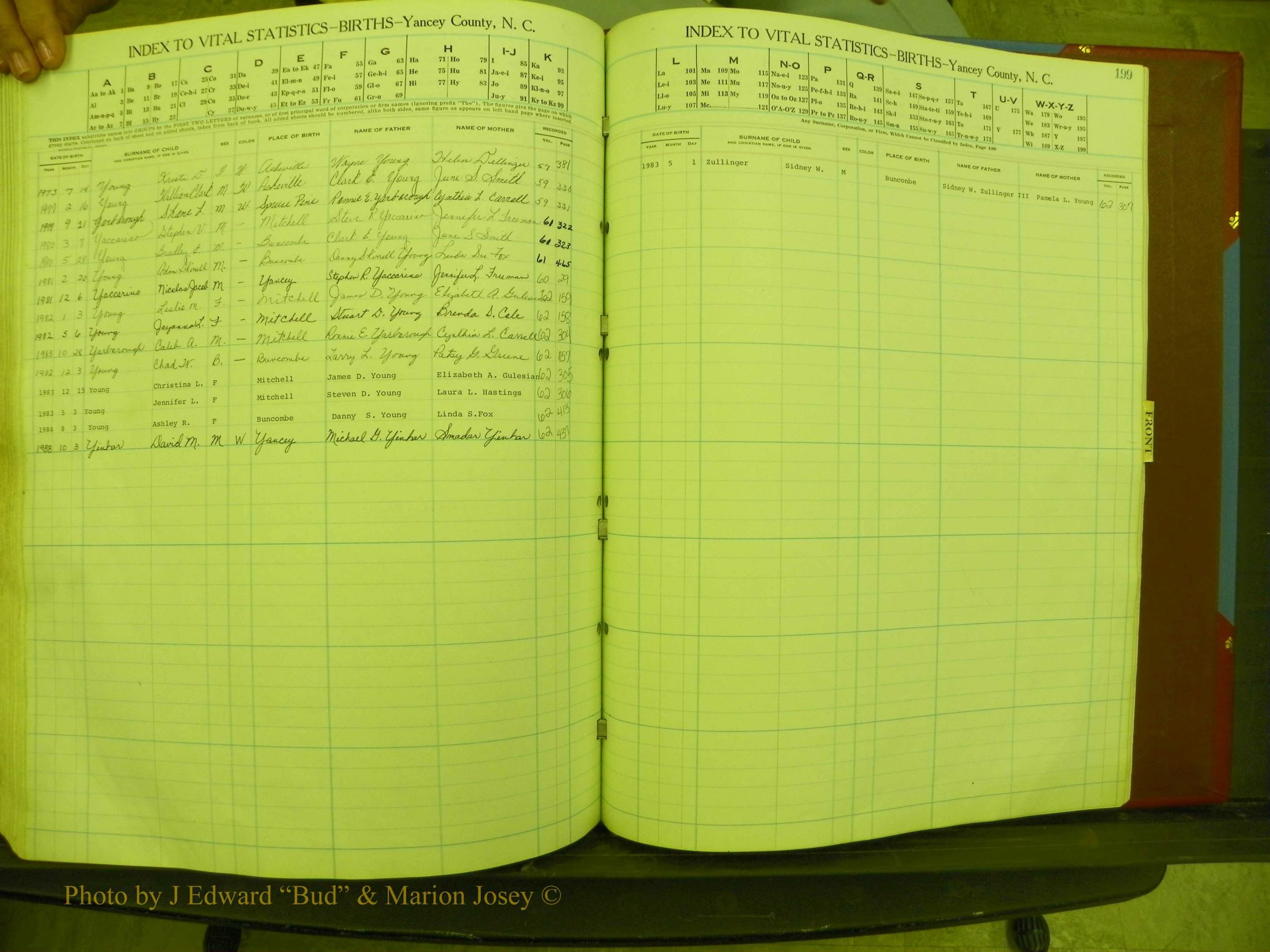 Yancey Births, 1940-1994, Index Y-Z, 199.JPG