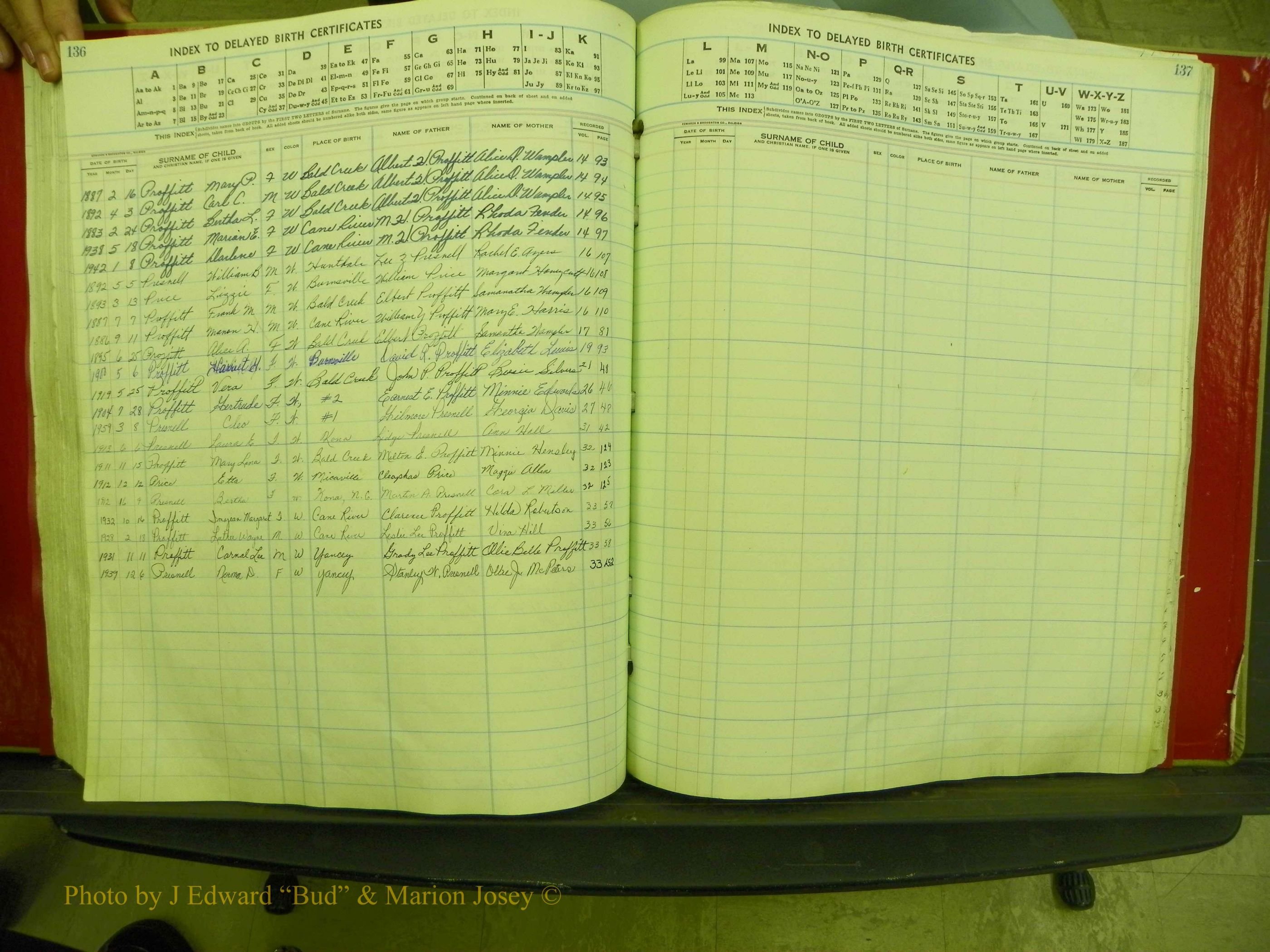 Yancey Co, NC  Delayed Births,  Index P, 122.JPG